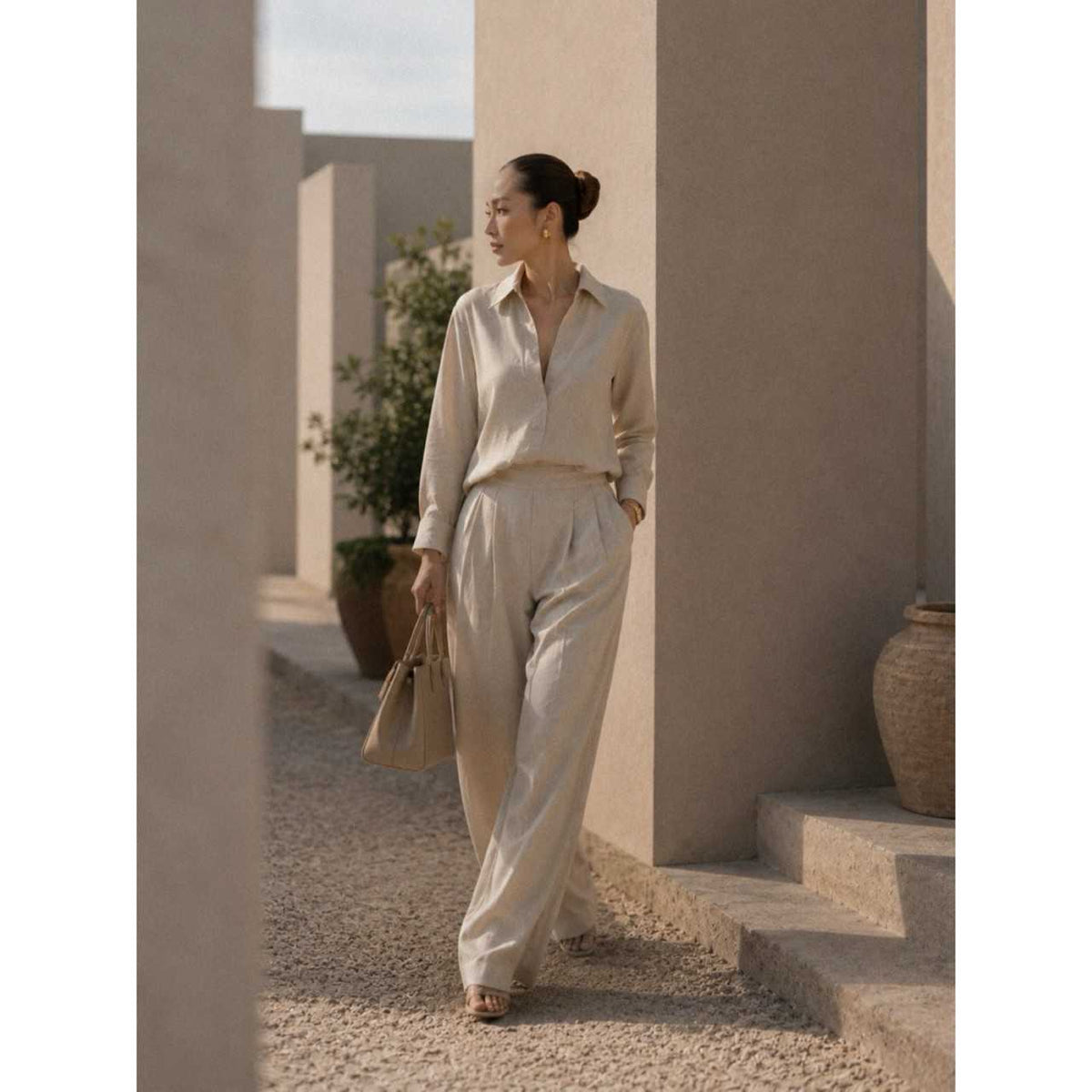 Beige Linen Trousers Pants — image 1