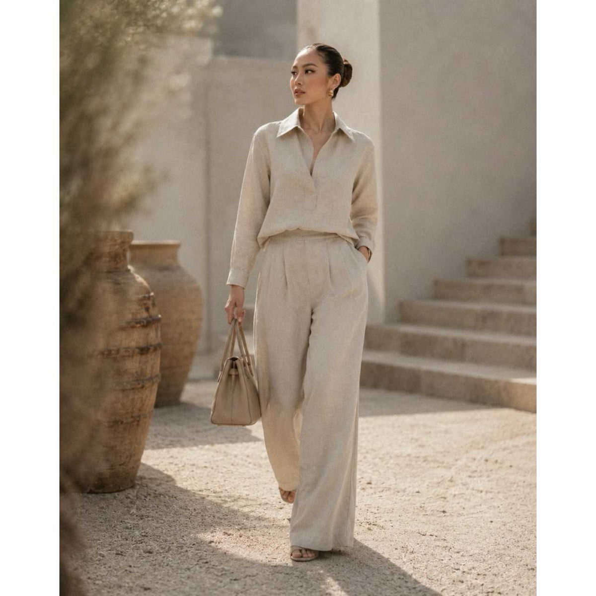Beige Linen Trousers Pants — image 2