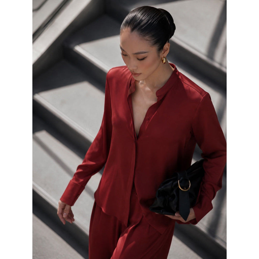 (2 ชิ้น) Mandarin Shirt + Wide Leg Pants — image 1