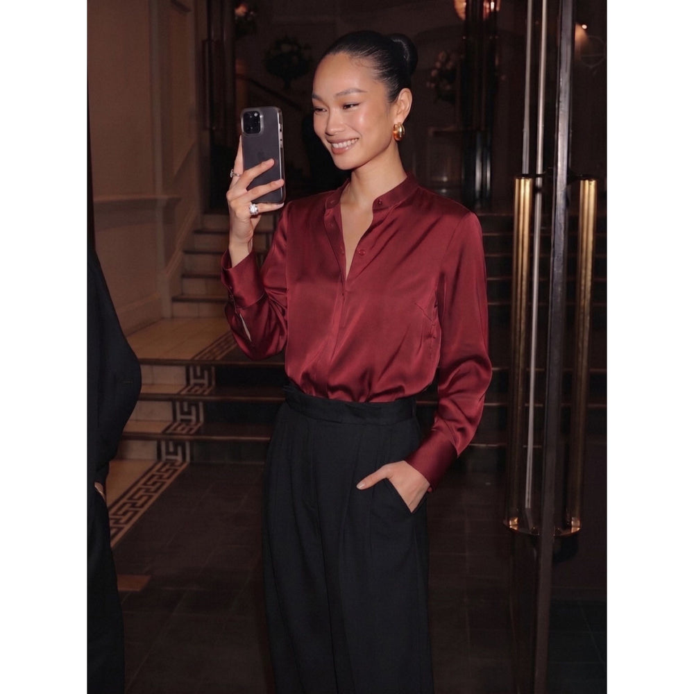 (2 ชิ้น) Satin Mandarin Shirt + Pleat Pants — image 1