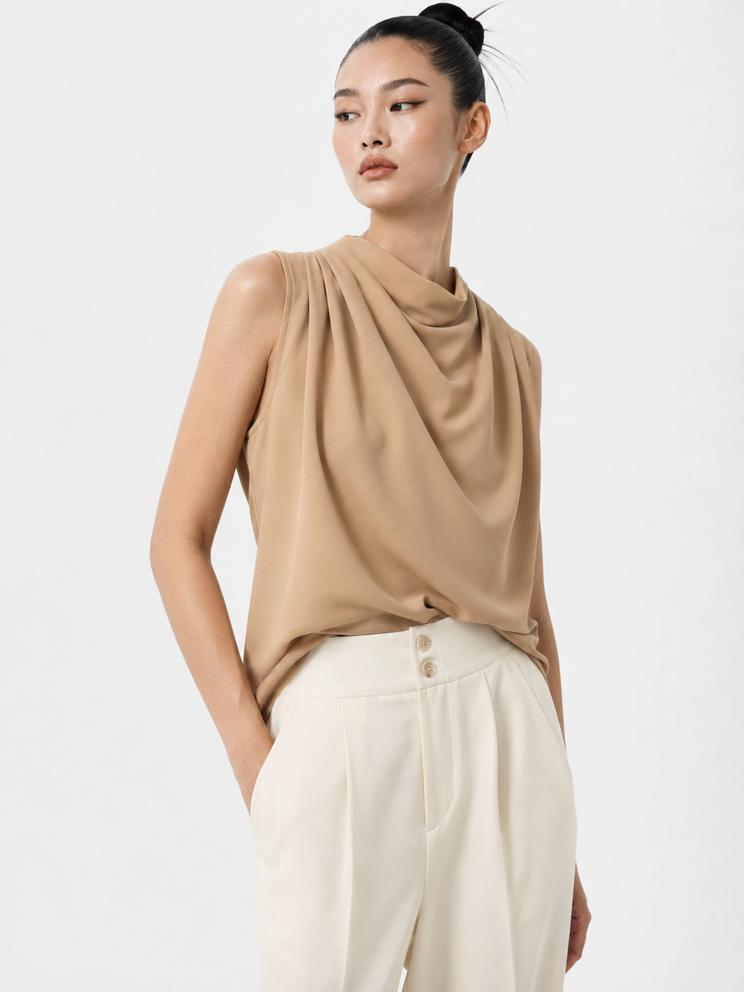 HIGH NECK DRAPE TOP (Beige) — image 2